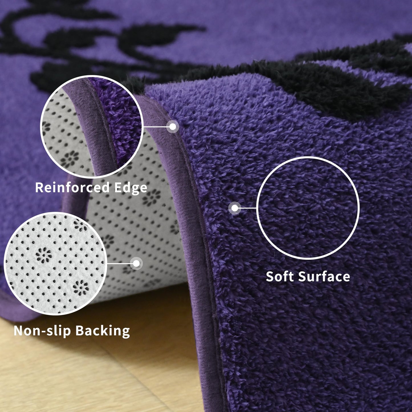 Opreine Area Rugs for Living Room Bedroom, 5x7 Feet Dark Purple Thickened Memory Foam Indoor Washable Rug, Black Flower Gothic Non-Slip Carpet for Girls Boys Padded Rugs Dorm Room Mat