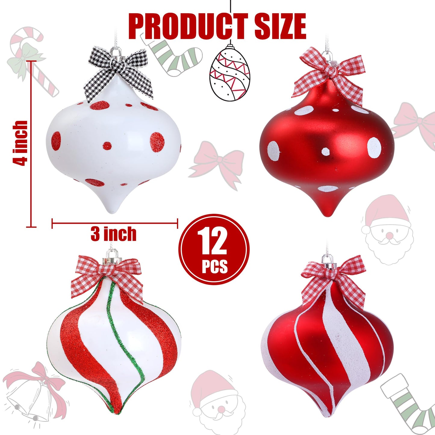 Sggvecsy 12 Pcs Peppermint Candy Ornaments - Candy Cane Balls, Red & White Hanging Stripes - Christmas Tree Ornaments for Xmas Party & Indoor/Outdoor Holiday Home Decorations