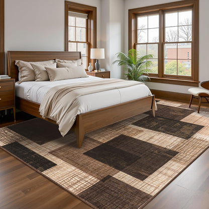 Modern Indoor Area Rug for Living Room, 8x10 Large Low Pile Geometric Patchwork Rug for Bedroom, Dining Room, Office, Hardwood Floors Home Decor, Non-Slip Faux Wool Machine Washable Area Rugs, Brown