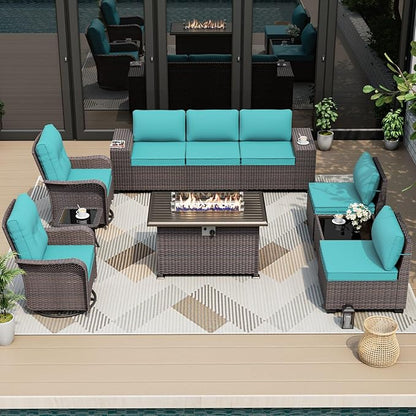 ALAULM 10 Pieces Patio Furniture Set with 2 Swivel Chairs Patio Furniture Outdoor Sectional Sofas with 55000 Gas Fire Pit Patio Conversation Set w/7 Cushions-Blue