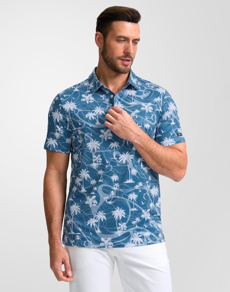 Obla Mens Golf Polo Shirts Short Sleeve Dry Fit Casual Print Collared Golf Shirts Wicking for Men(Blue Coconut Beach_XXXL)