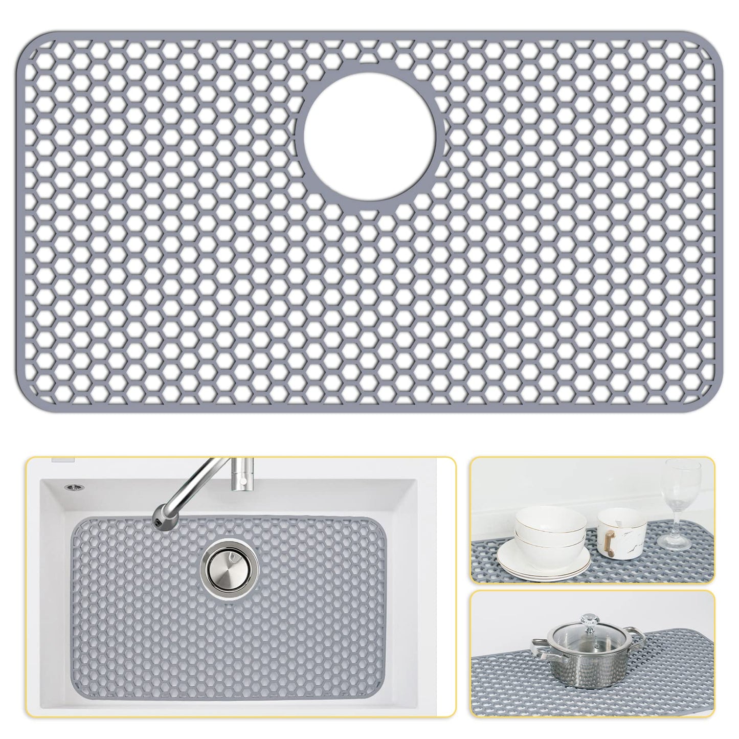 Bestjing Silicone Sink Protectors for Kitchen Sink with Rear Drain - 26"x 14" Kitchen Protector Accessory, Non-Slip Heat Resistant Grid Mat for Bottom of Farmhous Peorcelain Stainless Steel(Rear Hole)