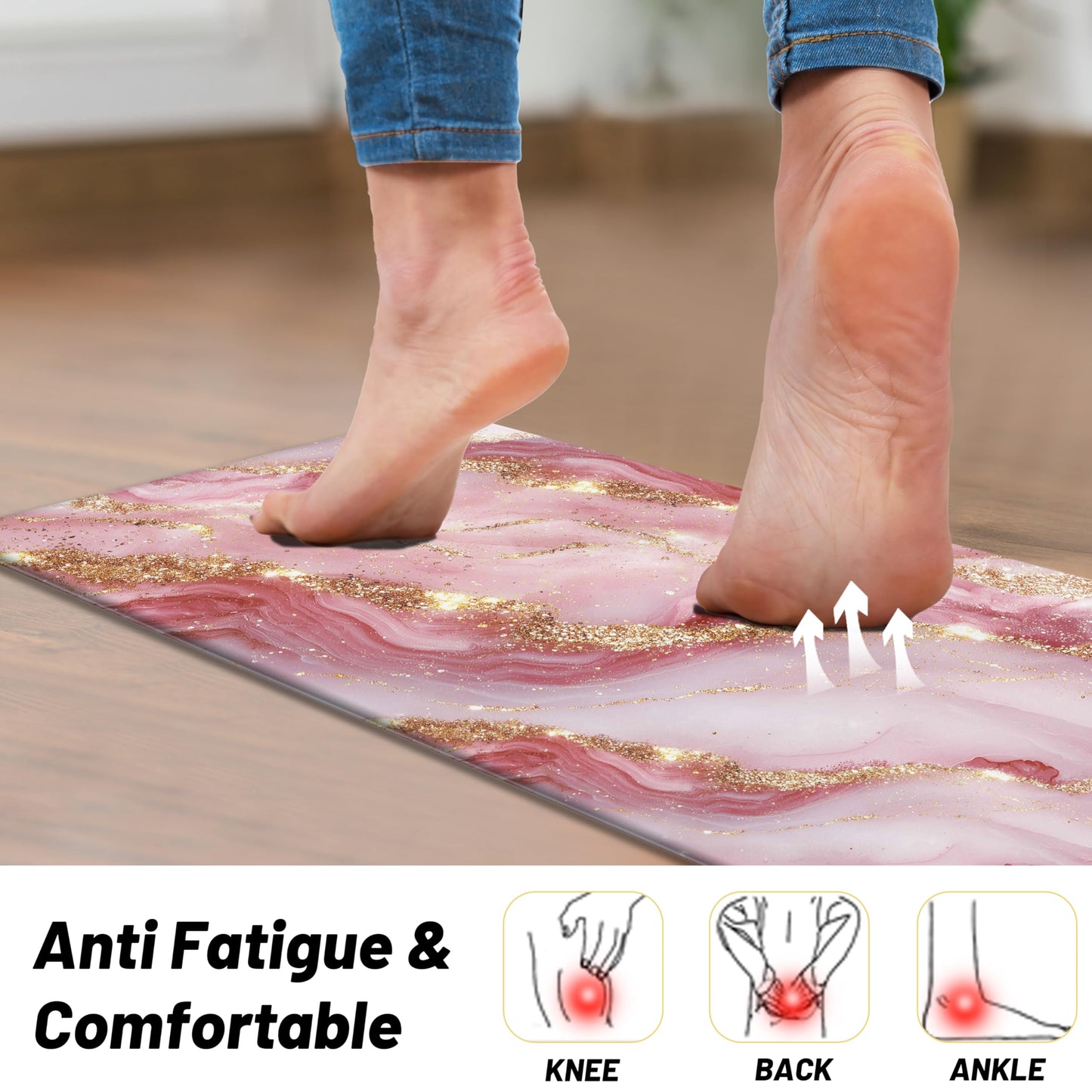 Tyrot Gold Pink Kitchen Mats for Floor 2 Pcs Modern Marble Anti Fatigue Mats for Kitchen Floor Mat PVC Non Slip Waterproof Kitchen Rugs for Kitchen Floor Sink Office Laundry 17.3"X28"+17.3"X47"