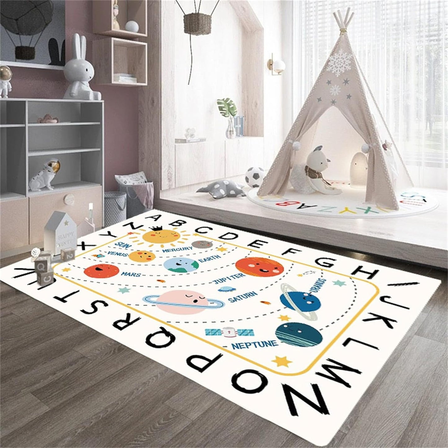 Apioiqa Solar System Kids Rug, Alphabet and Planet Carpet for Playroom 4x6, Children's Educational Play Mat ABC Rugs, Outer Space Play Rug