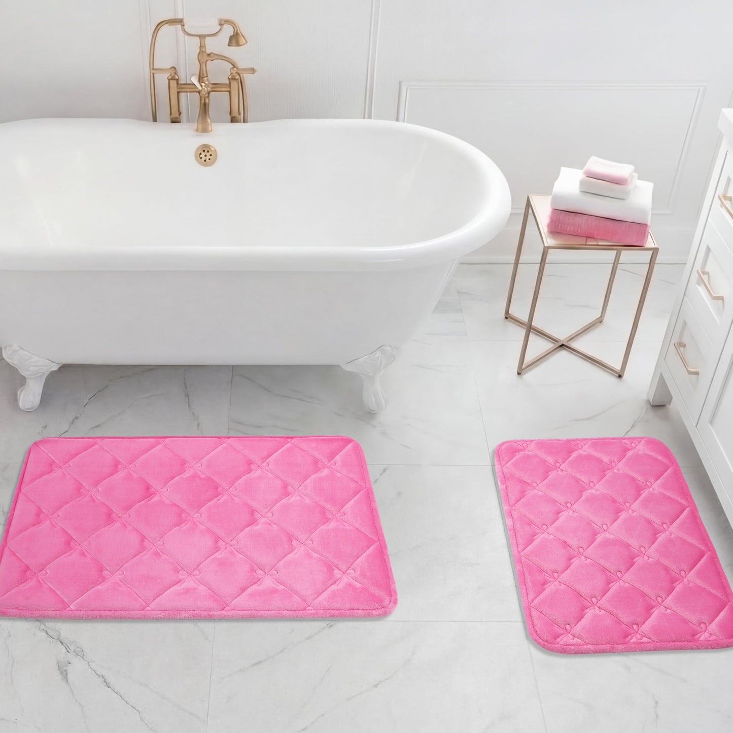 Juicy Couture Quilted 2-Piece Memory Foam Bath Mat Set 17" x 24" / 20" x 32" Mini Bows Lattice Hot Pink Skid-Resistant Bath Rug Set