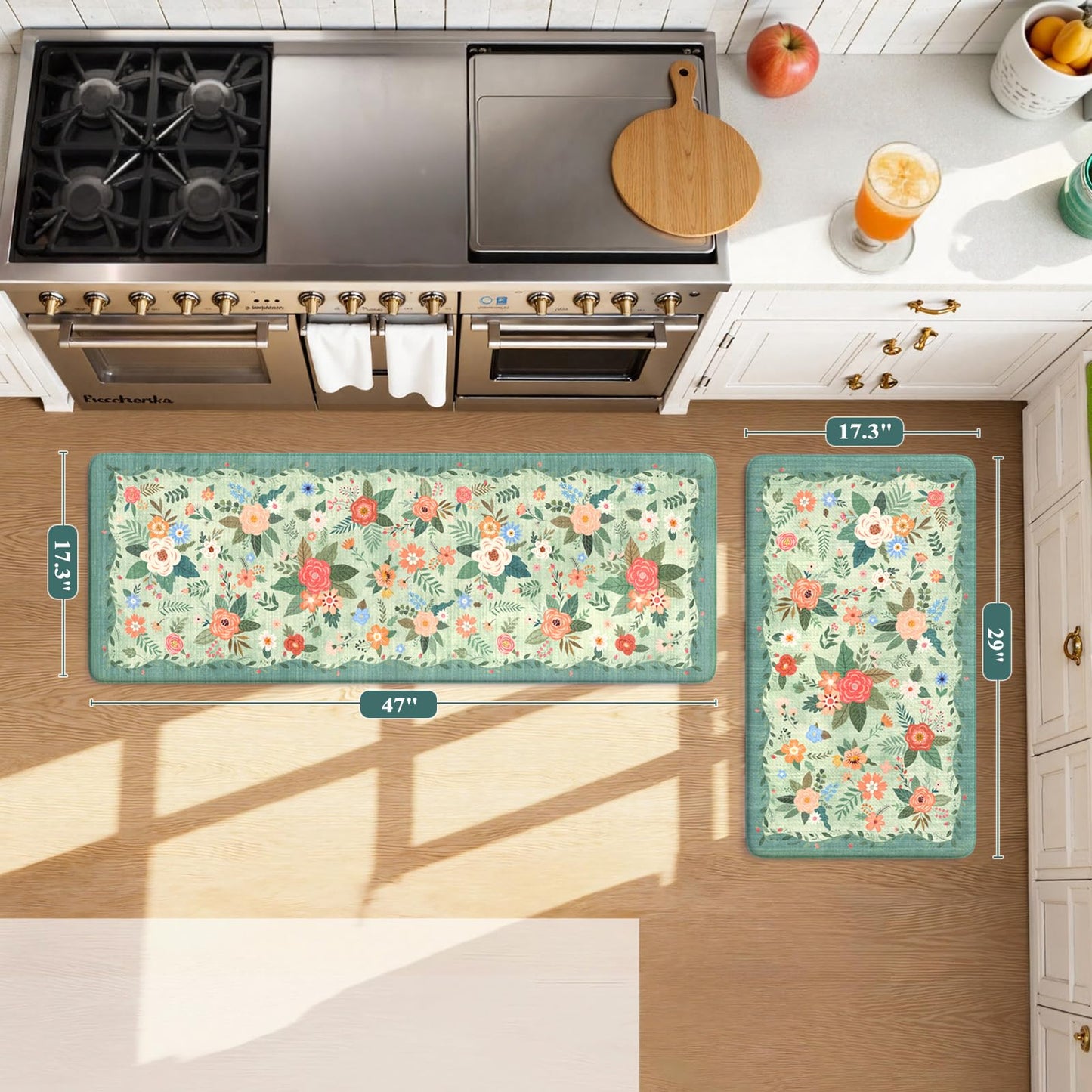 KIMODE Anti Fatigue Mats for Kitchen Floor 17"x47"+17"x29",Green Farmhouse Kitchen Rugs Sets of 2, Cushioned Kitchen Floor Mats Non Skid, Memory Foam Mats for Laundry Office Sink Desk