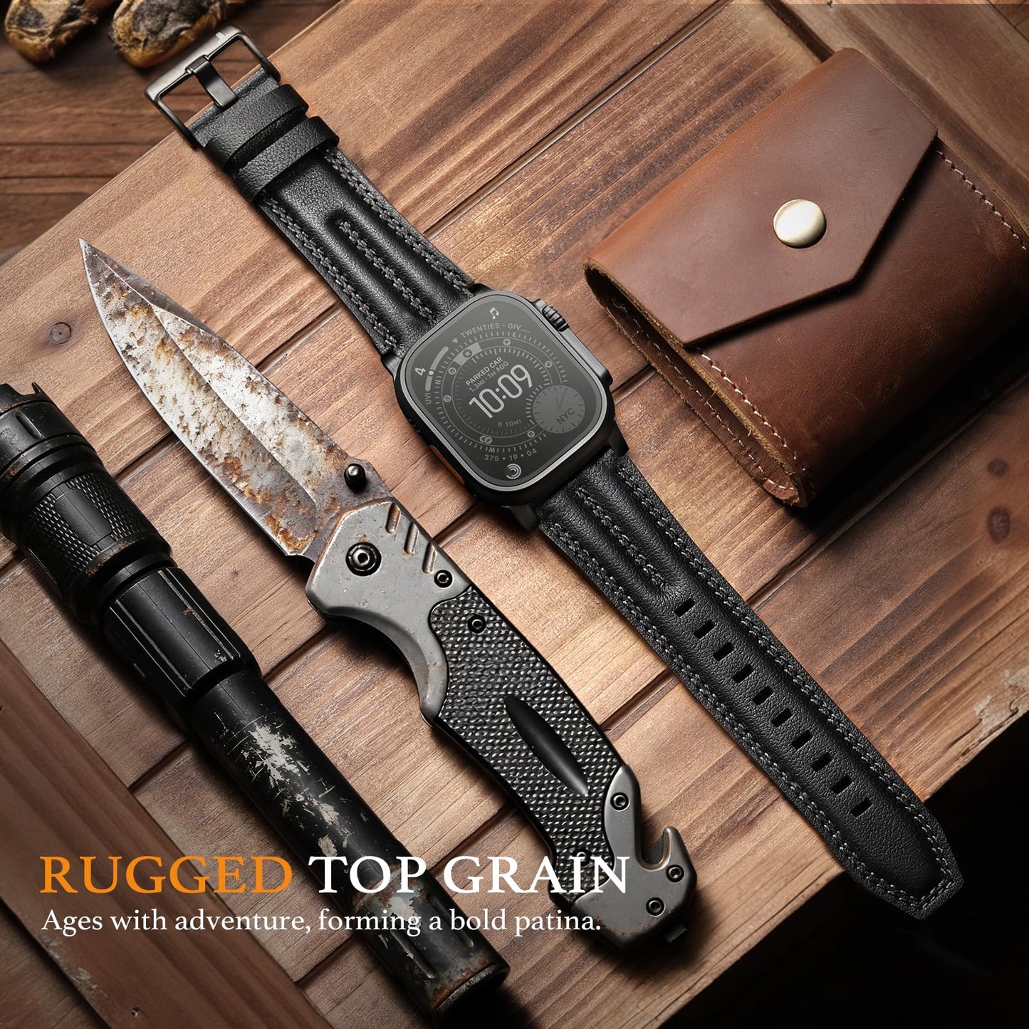 Tlselt Leather Band for Apple Watch Ultra Band 49mm/46mm/45mm/44mm/42mm-Ultra 3 2 1, Series 11 10 9 8 7 6 5 4 3, SE 3 2 1, for iWatch Handcrafted Band Men Genuine Leather Rugged Vintage Strap