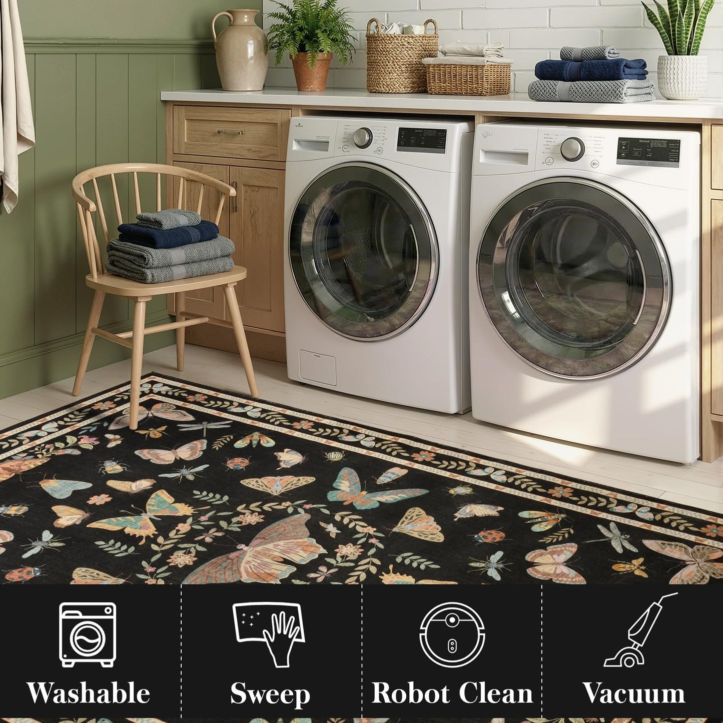 Unirea 8x10 Black Area Rug for Living Room Bedroom Under Bed, Large Washable Boho Insect Bug Rug, Non Silp Dining Room Under Table, Thin Soft Low Pile Stain Resistant Carpet for Home Office
