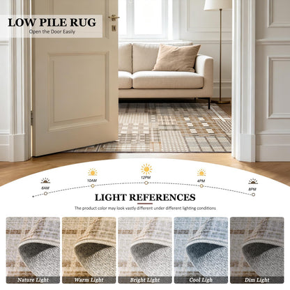 Rezutan Washable Rug 4x6 Plaid Rugs for Bedroom Non-Slip Neutral Floor Mat Indoor Soft Carpet Low Pile Foldable Thin Rugs for Living Room Dining Nursery Office, Caramel Beige Brown Gray