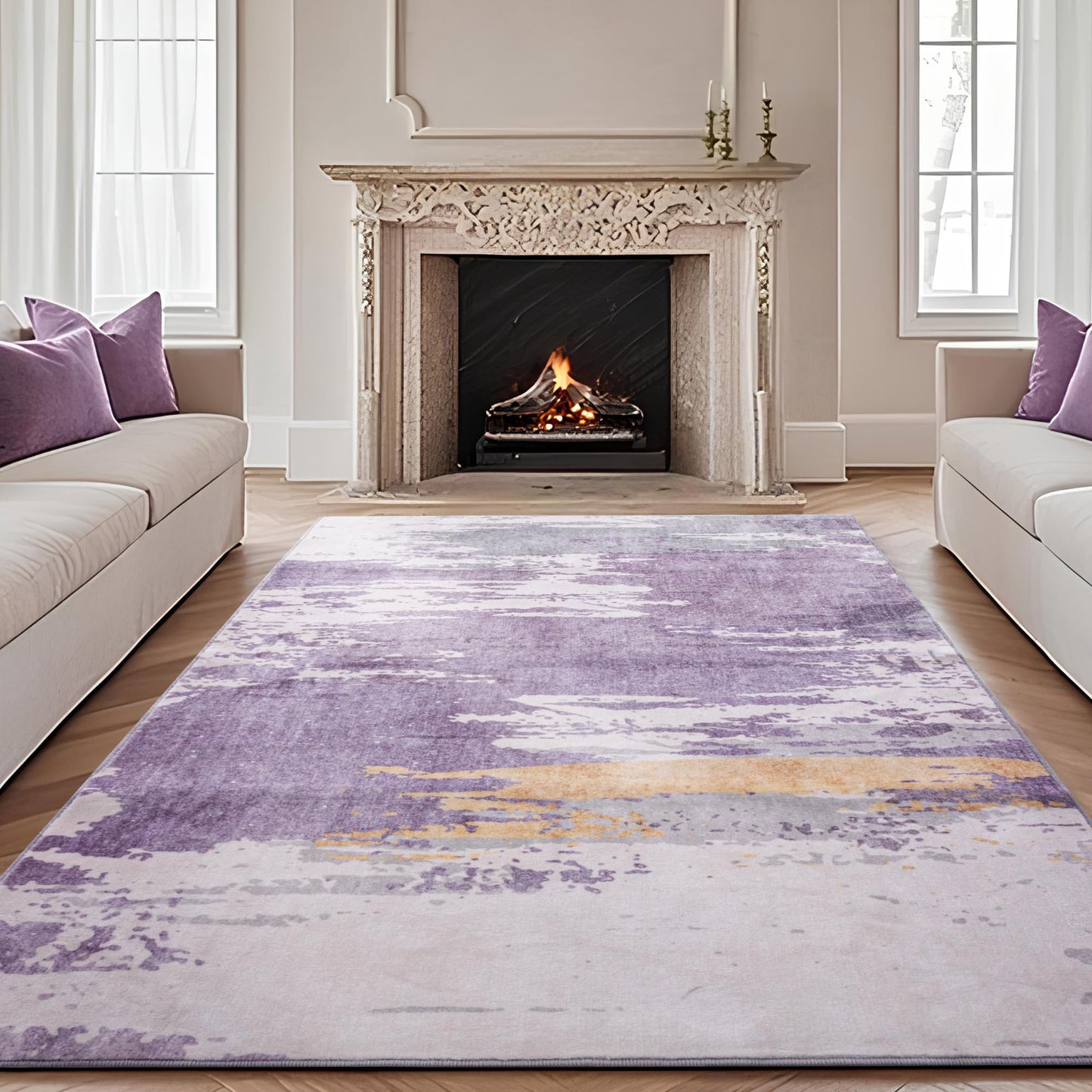 Carvapet 5x7 Large Purple Rugs for Living Room Bedroom, Washable Purple Modern Abstract Low Pile Carpet with Rubber Backing, Foldable, Non Slip Thin Area Rug, Ultra Soft