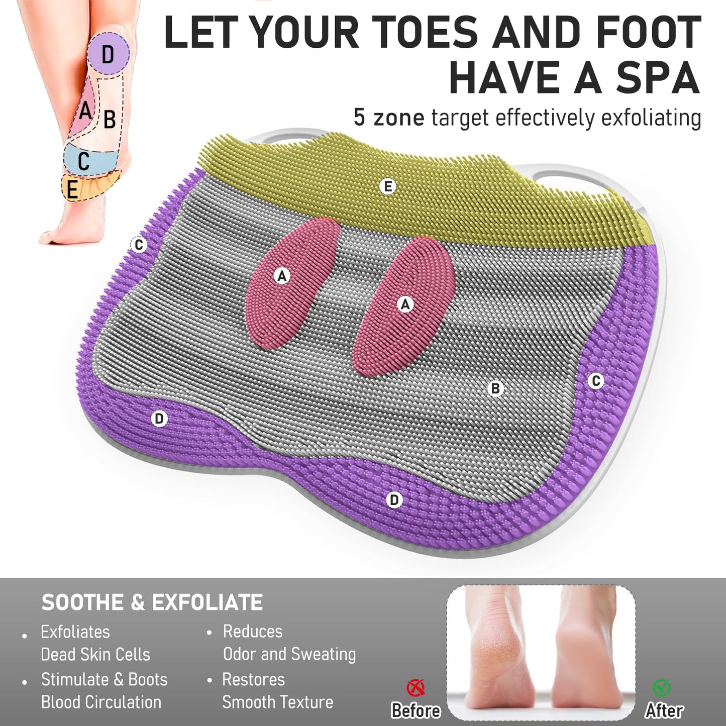 Mabnuby Shower Foot Scrubber Mat XL, Silicone Feet Toes Massage Cleaner -Upgraded Long Brush Pad Without Bending Non-Slip Suction Cups for Foot Bath Bathtub Exfoliate Smooth Skin 17.4x13 Grey