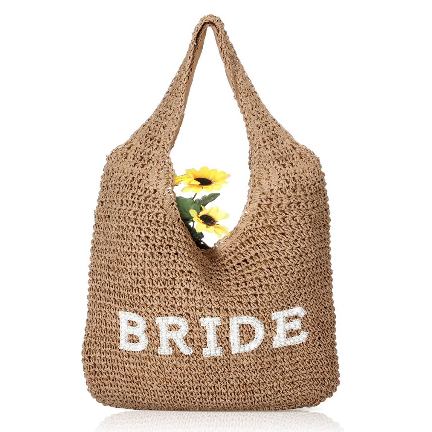 Locmeo Bride Handwoven Straw Bag for Women Boho Beach Shoulder Tote Bag Bride Summer Rhinestone Letters Tote for Women Wedding Bridal Shower Bachelorette Gift