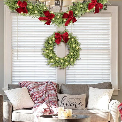 30 Inch Christmas Wreaths for Front Door with Lights,Lighted Norfolk Pine Door Wreath,Prelit Real Touch Artificial Green Winter Wreath with Large Burgundy Velvet Bow for Indoor Outdoor Decor