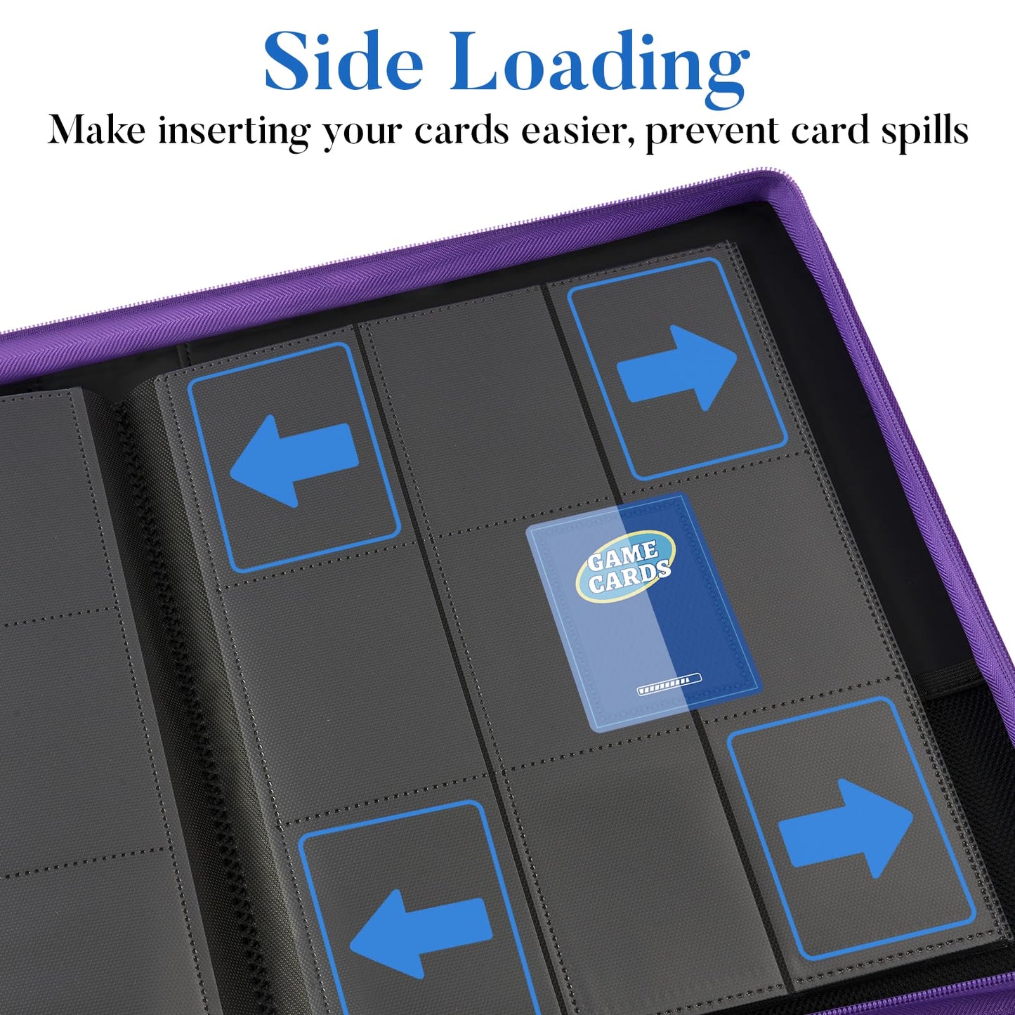 Premium Zip Card Binder, Fabmaker 9 Pocket Trading Card Binder, PU Cover Zipper Card Collection Album, Sturdy 360 Side-Loading Card Folder Holder for Game & Sports Cards, Purple