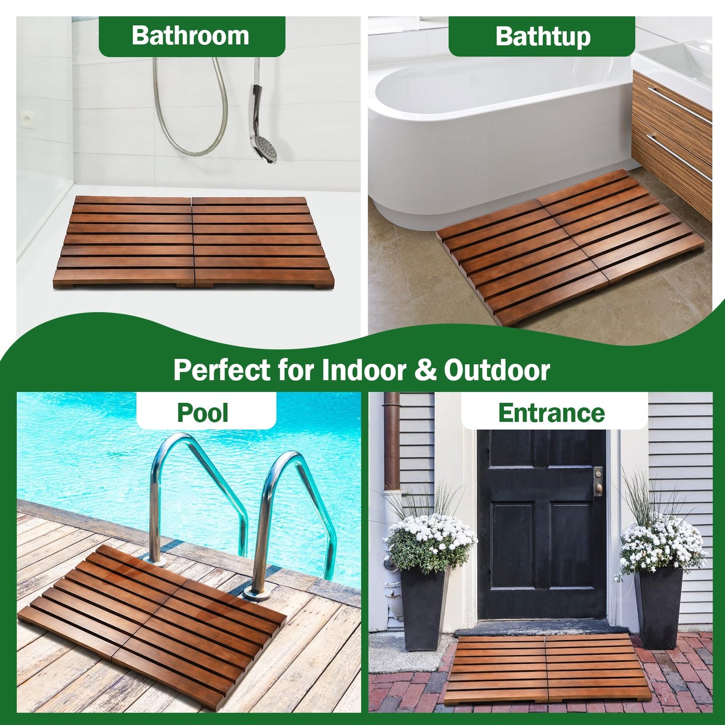 Teak Shower Mat, Foldable Wooden Shower Mat with Non-Slip Rubber Feet, Teak Bath Mat for Bathroom, Bathtub, Spa, Sauna, Pool, Indoor Outdoor Use, Water-Resistant Wood Floor Mat