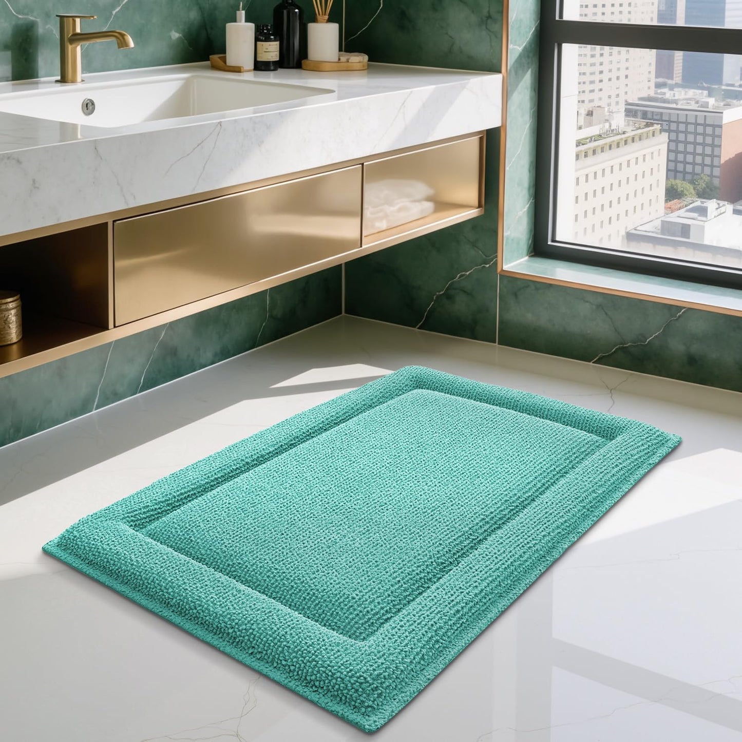 Color&Geometry 24x17 Memory Foam Bath Mat, Teal Bathroom Rug Soft Absorbent Chenille, Non Slip Thick Shower Mat