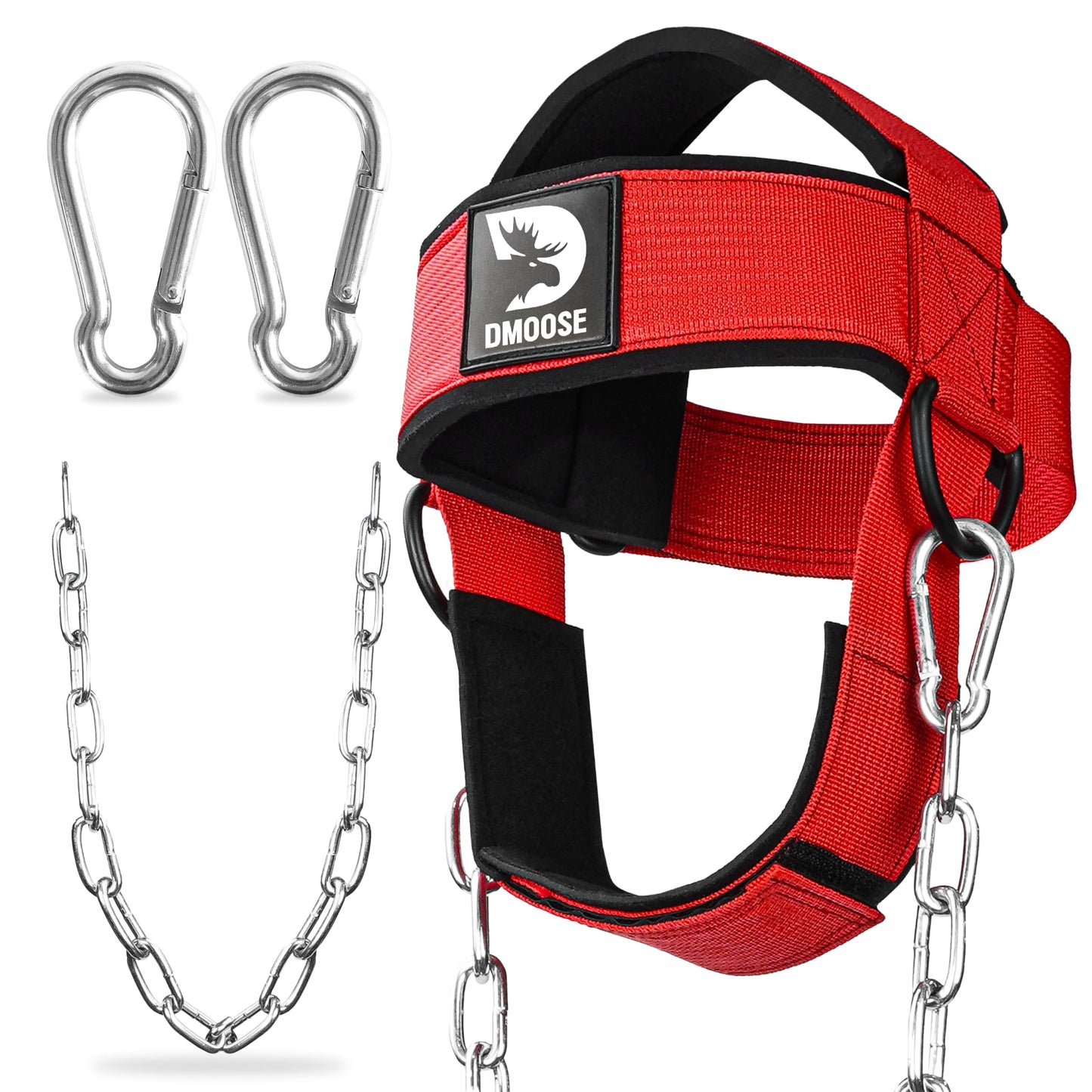 DMoose Fitness Neck Harness for Weight Lifting - Soft Padded Head & Chin Strap with 30" Heavy Duty Steel Chain - Neck Exerciser, Trainer & Strengthener to Support Injury Recovery (Red)