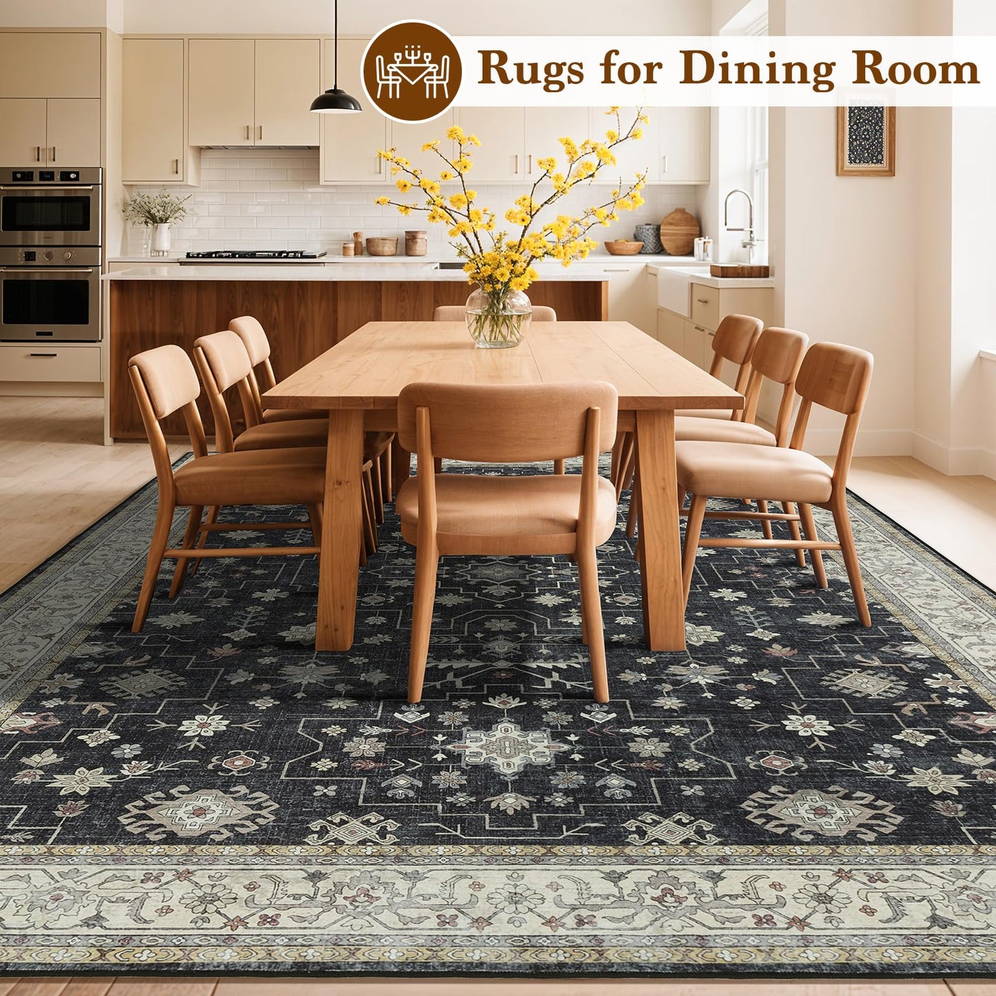 LBRO2M Black Washable Rugs 8X10 for Living Room Bedroom Office Farmhouse Non Slip Vintage Area Rugs Easy Clean, Stain Resistant Carpet Low Piles Great for Pets and Family (8'X10' Charcoal Black)