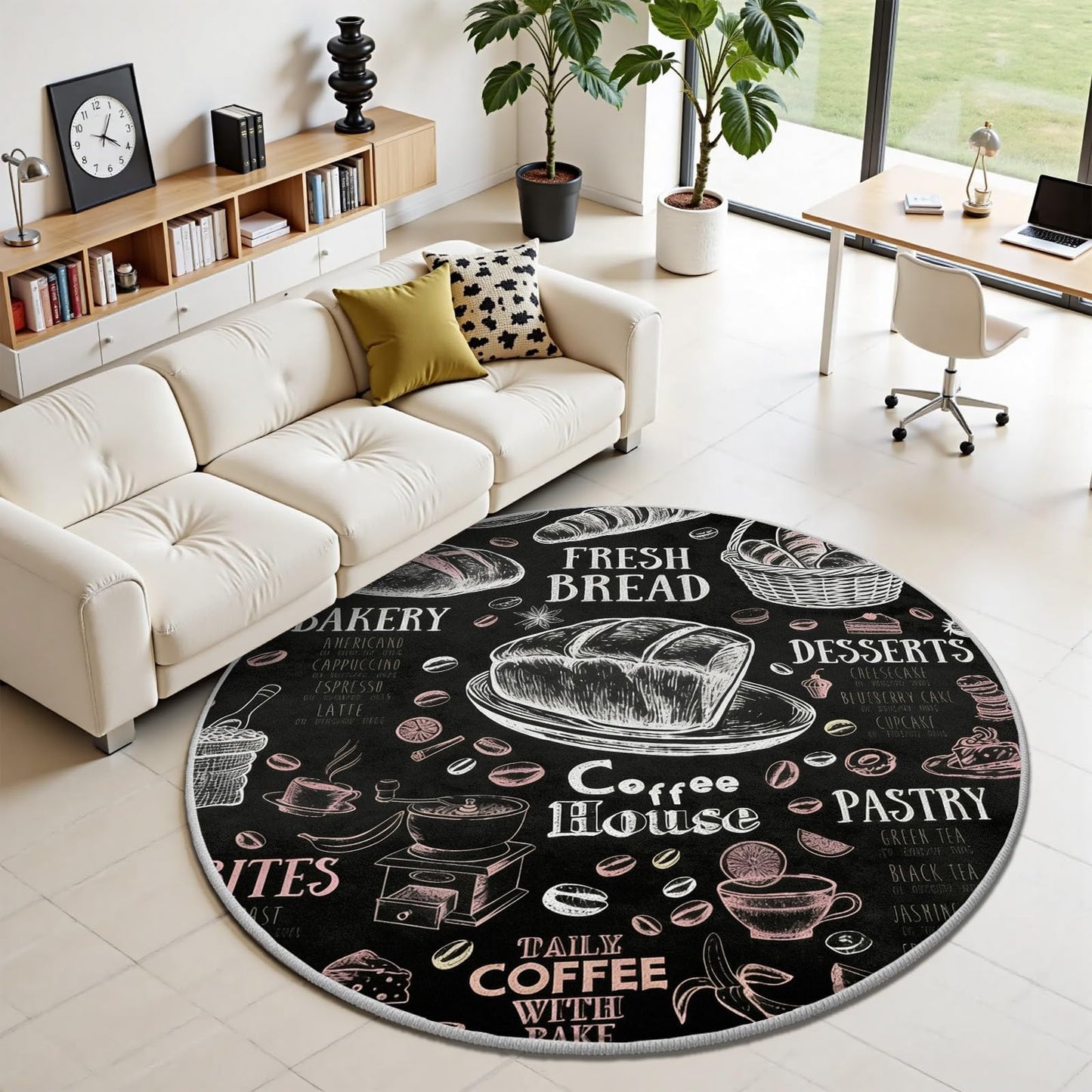 Egljss 5ft Round Rug Non Slip, Coffee Bean Bread Round Carpet for Living Room, Black and White Circle Area Rugs for Bedroom, Coffee Cup Circle Rug Washable for Dining Table Kitchen