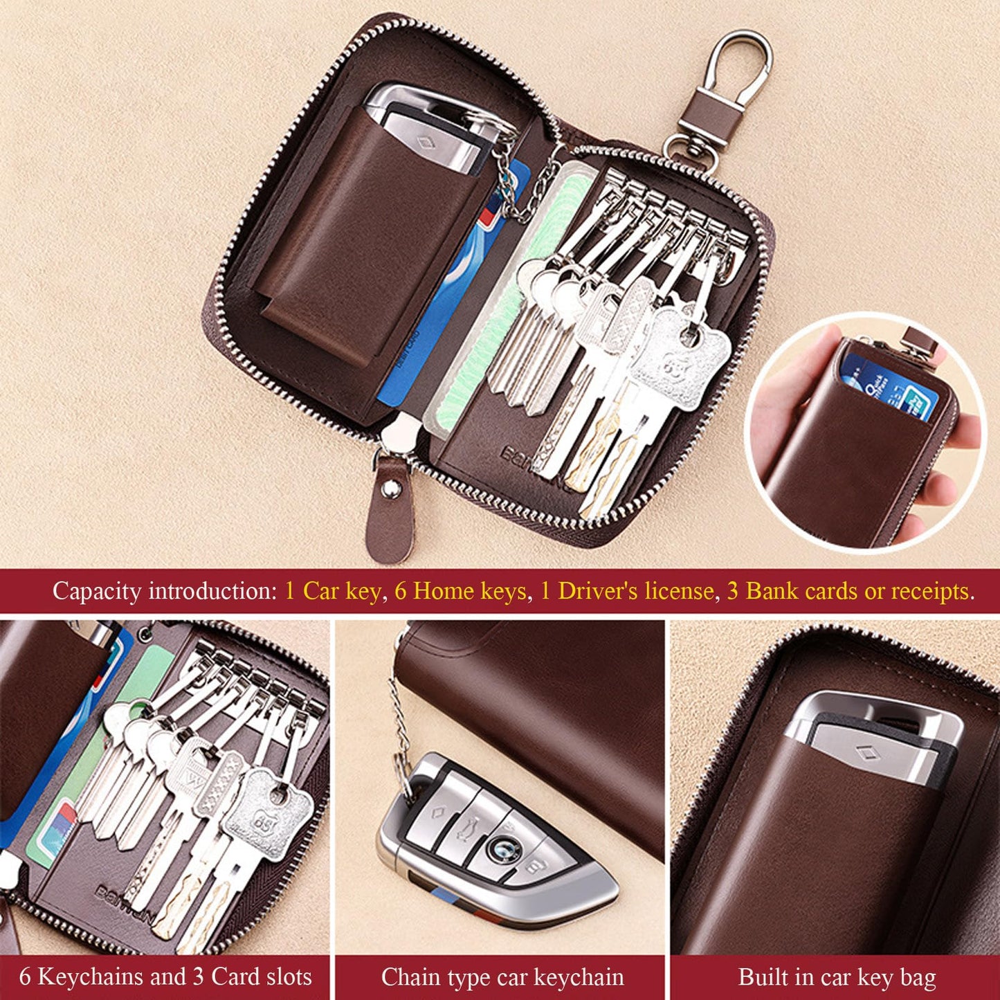 Teisson Car Key Case for Men and Women, Black Genuine Leather Card Holder Wallet Keys Pouch Organizer Bag with 6 Keychain Hooks, 3 Cards Slot (Black w/keychain)