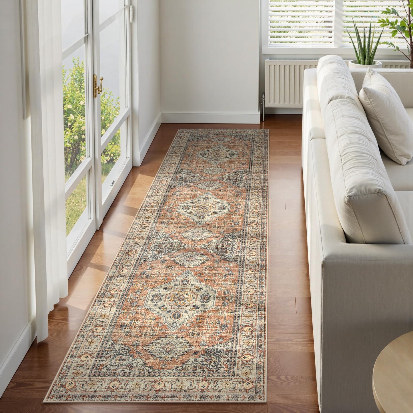 Lahome Oriental Hallway Runner Rug, 2.5x8 Kitchen Runner Non Slip Ultra-Thin, Soft Washable Hallway Rug Distressed Long Carpet for Entryway ‎Laundry Room Bathroom Eleanor, Peach/Orange