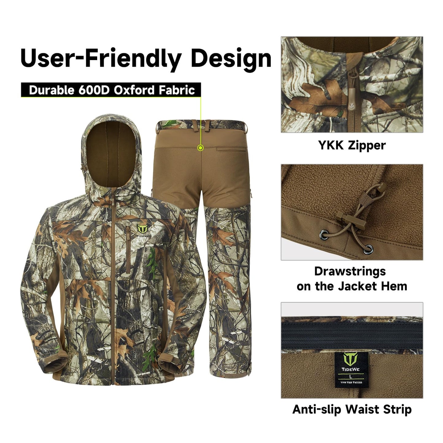 TIDEWE Hunting Clothes for Men with Fleece Lining, Safety Strap Compatible Water Resistant Silent Jacket and Pants, Hunting Suit for Climbing Hiking Trekking Camping (Next Camo G2 Size XL)