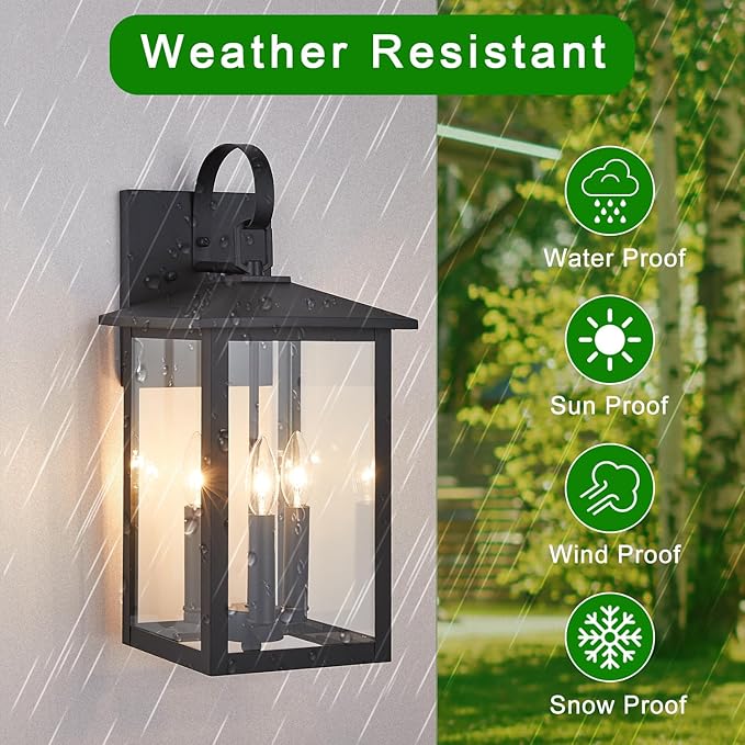 3-Light 9 inches Wide 20.5 inches High Large Wall Lantern Light with Textured Black Finish and Clear Glass New Traditional Outdoor Wall Lights for a Porch, Patio, Garage, Barn, Foyer