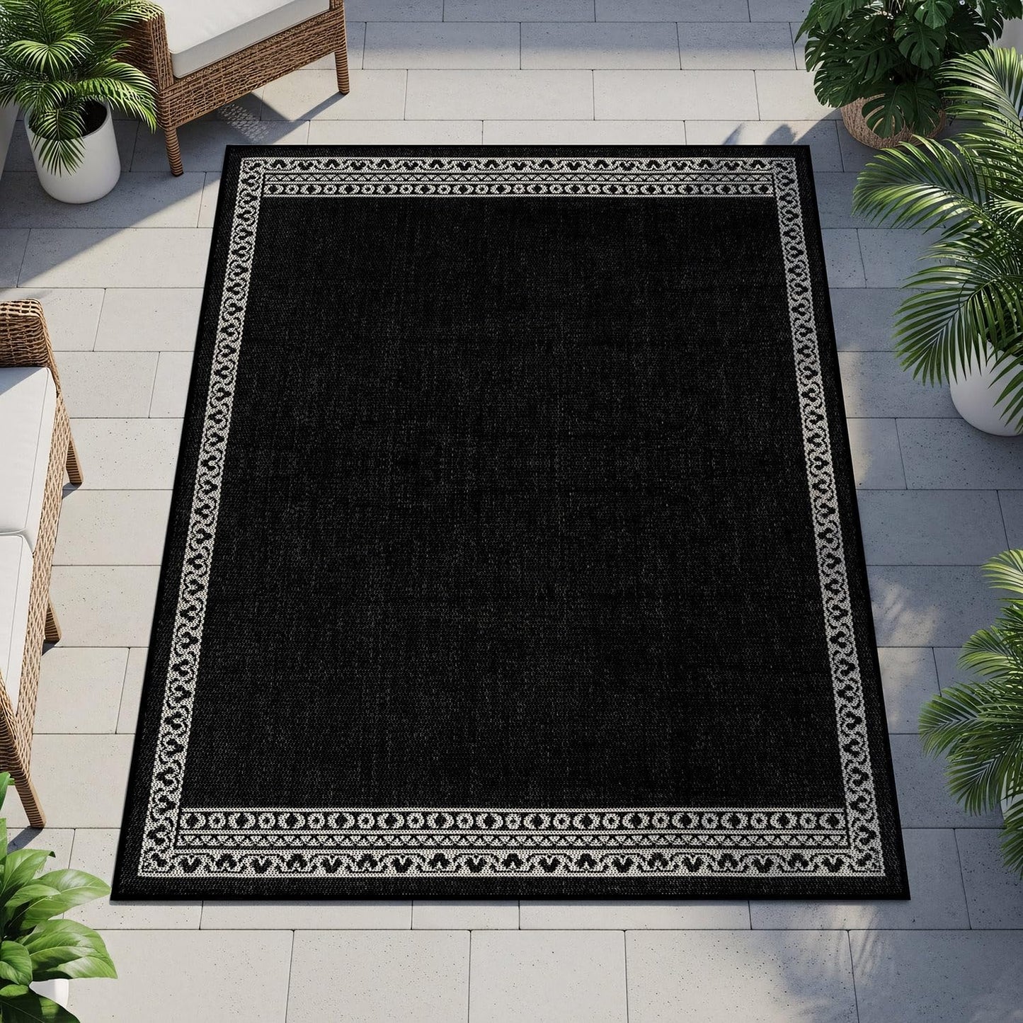 Washable Outdoor Rug 5x7 Modern Area Rugs Outdoor Carpets Bordered Pattern Non Shedding Waterproof Easy Clean Patio Deck Porch Living Room Bedroom Garden RV (5 X 7 Black)