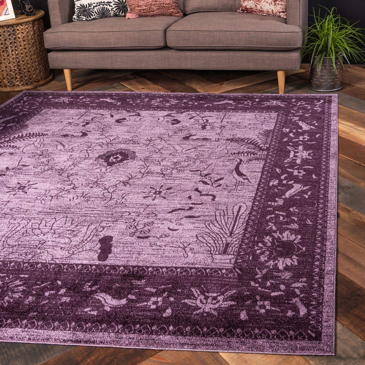 Unique Loom La Jolla Collection Farmhouse, Contemporary, Botanical, Traditional, Vintage Area Rug (8' 0 x 8' 0 Square, Violet/Dark Purple)