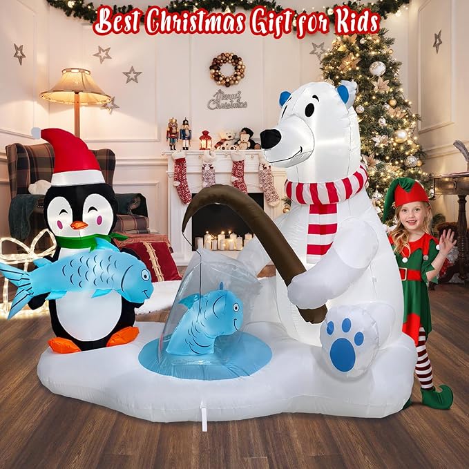 7.1FT Christmas Inflatable Polar Bear & Penguin Fishing Decoration, Christmas Blow Up Penguin Wear Scarf & Santa Hat and Polar Bear Inflatable Built-in 5 LED for Christmas Inflatables Outdoor