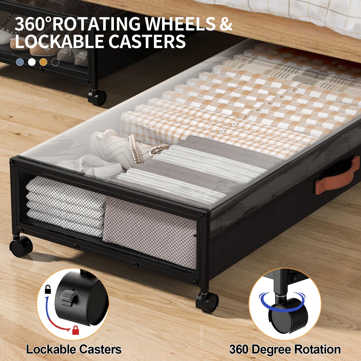 Under Bed Storage Containers with Wheels Large Underbed Shoes Blankets Clothes Toy Storage Drawers for College Dorms Bedrooms Nursery Rooms Organization (Black 2 Pack, 7.5in height(36"x16.6"x7.48"))