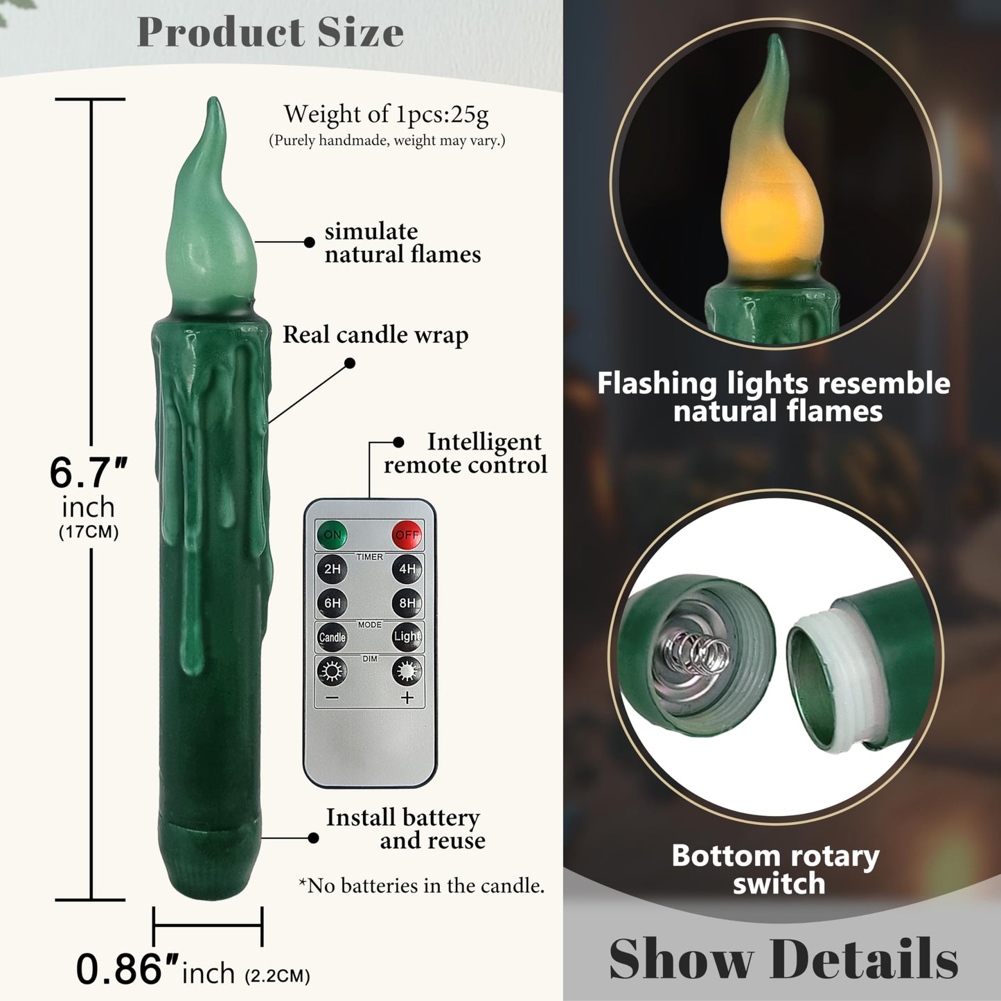FCMSHAMD Christmas Red Green Flameless Short Taper Candles, Real Wax Hand Dipped LED Battery Operated with Remote, Flickering Flame Lights for Home Décor, 6.7 Inch Primitive Flameless Candles, 4PCS