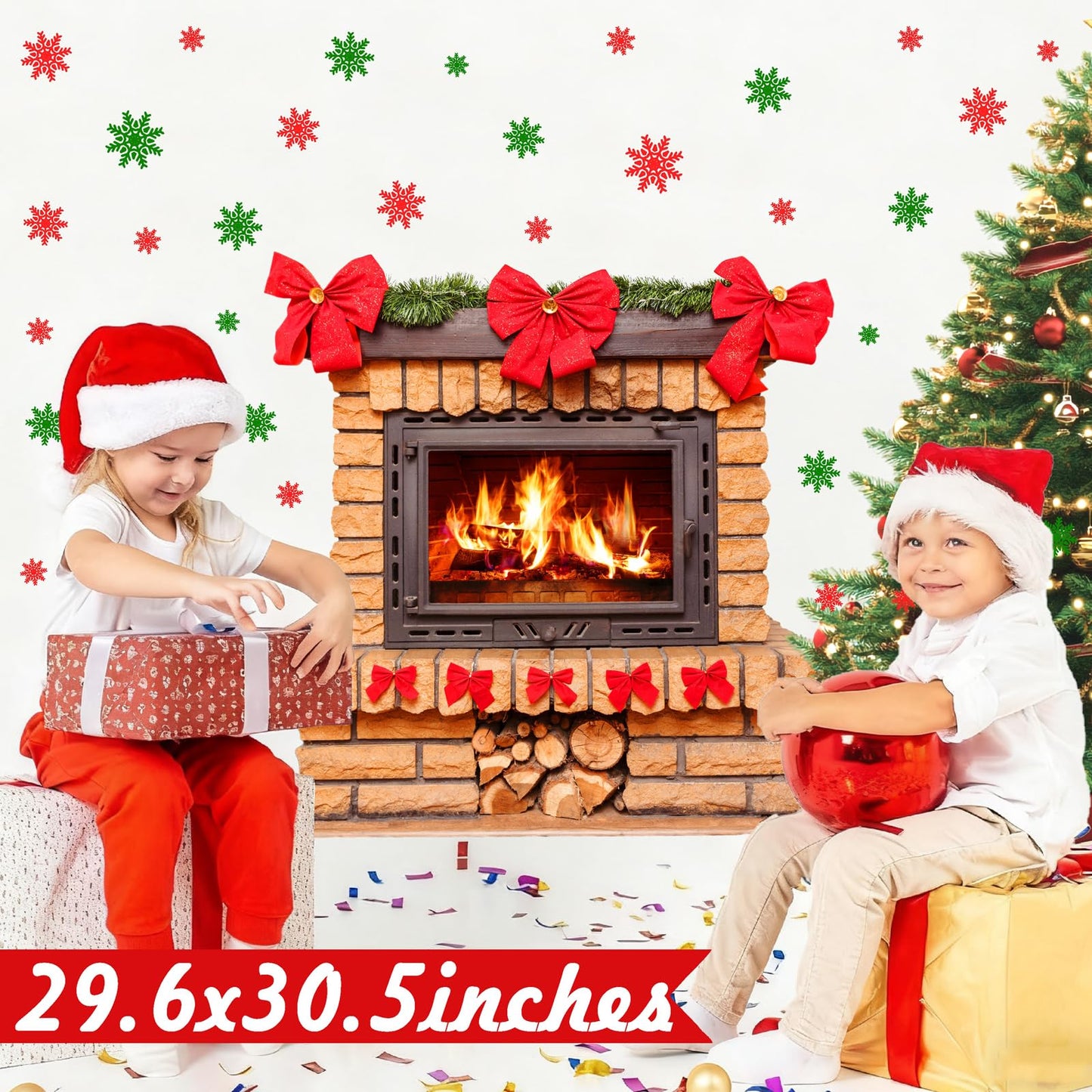 Large Christmas Wall Stickers Christmas Wall Decoration Vinyl Decals Realistic Bow Fireplace Decal for Walls Peel and Stick Indoor Snowflakes Xmas Art Murals for Living Room Holiday Party Supplies