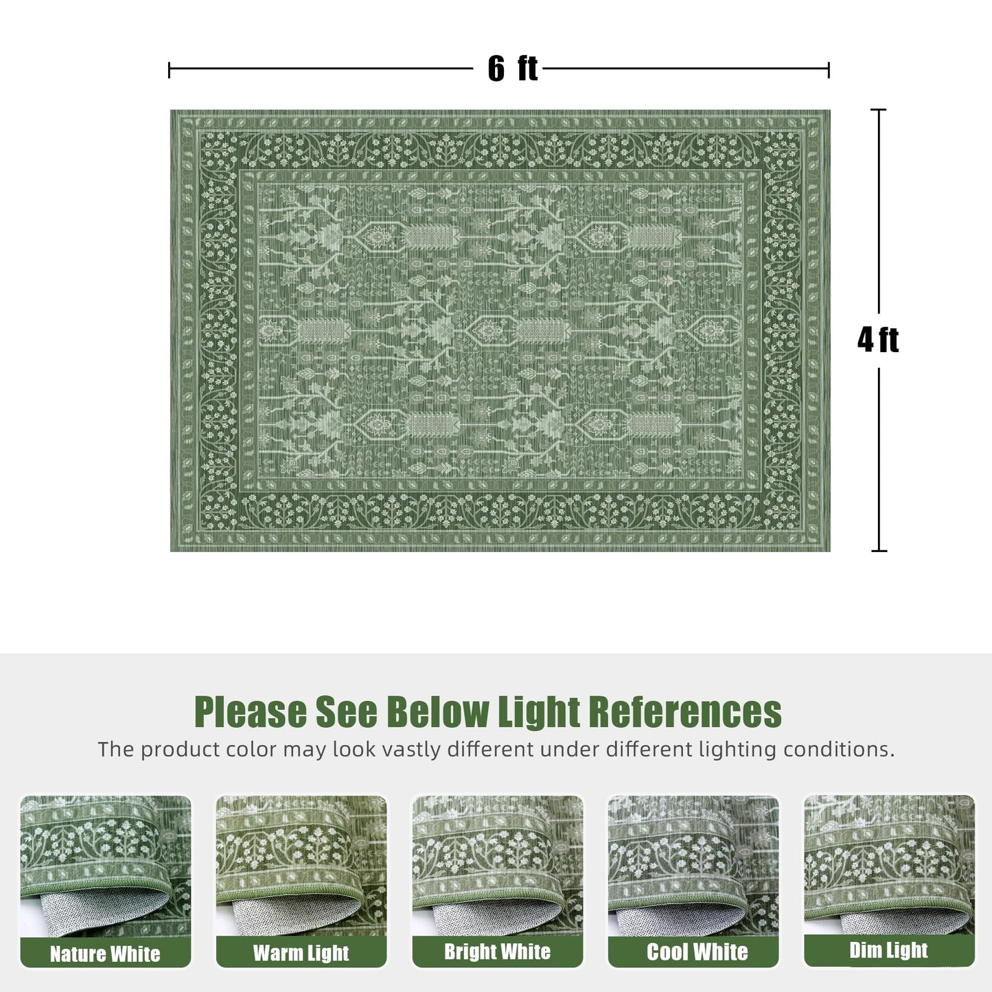 Deerly Boho Area Rug 4x6 Vintage, Thin Low Pile Soft Carpet with Non-Slip Backing Machine Washable Easy Clean Rugs for Kitchen Living Room Bedroom Dorm Laundry, 4x6ft Green