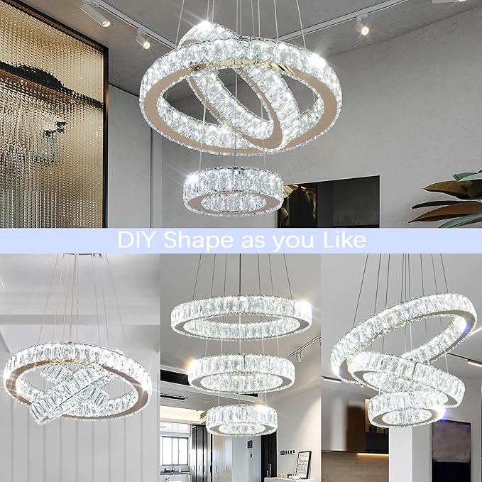 FRIXCHUR Modern LED Chandeliers Crystal Pendant Light 3 Ring Chandelier Hanging Crystal Ceiling Light Fixture Adjustable Pendant Light for Living Room Dining Room Bedroom Foyer Gold (Cool White)
