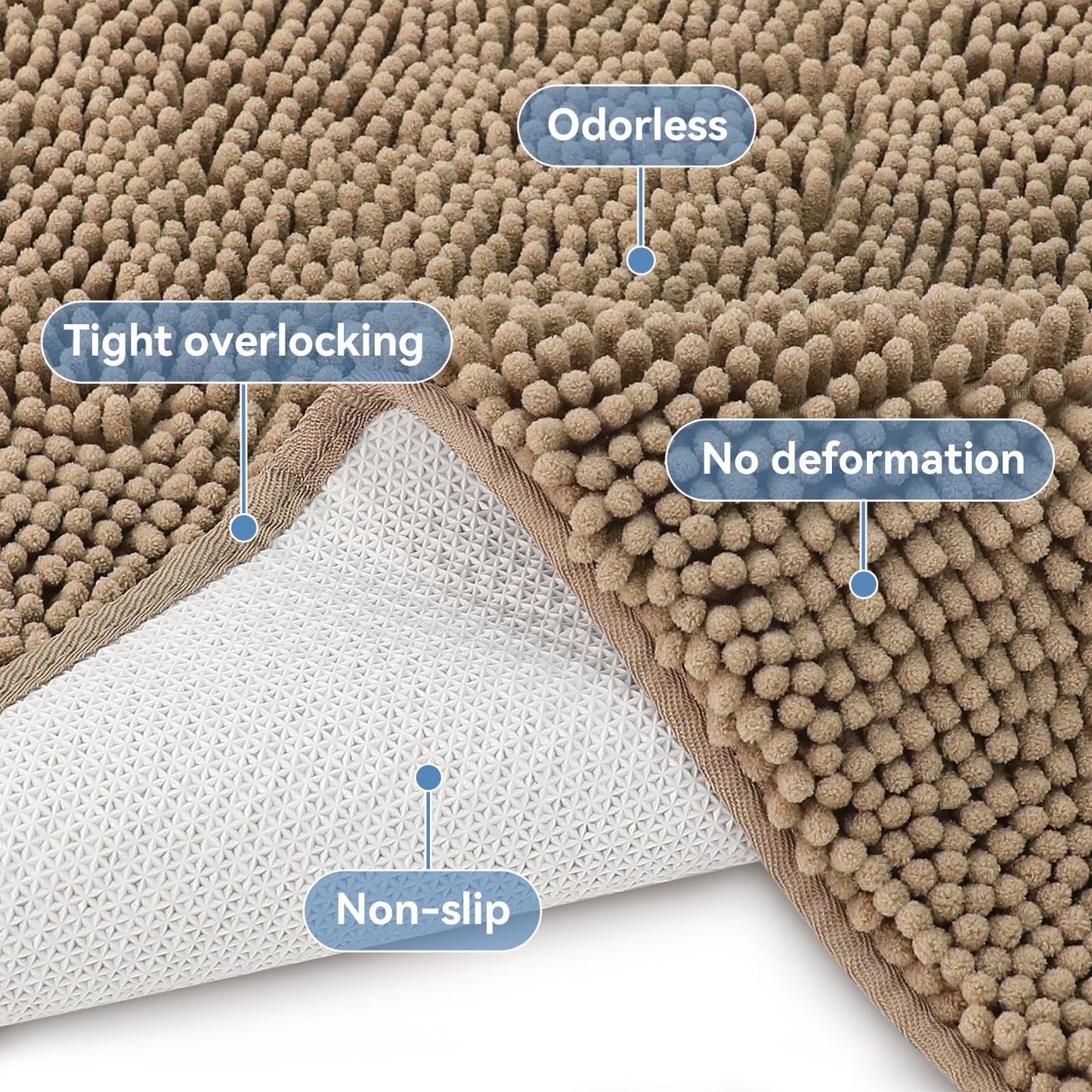 Bcoimo 44x24 Chenille Bath Mat – Non-Slip with Backing Bath Rug Ultra-Absorbent and Machine Washable Bathroom Mat Quick-Dry Design. Ideal for Bathroom Shower and Tub Areas