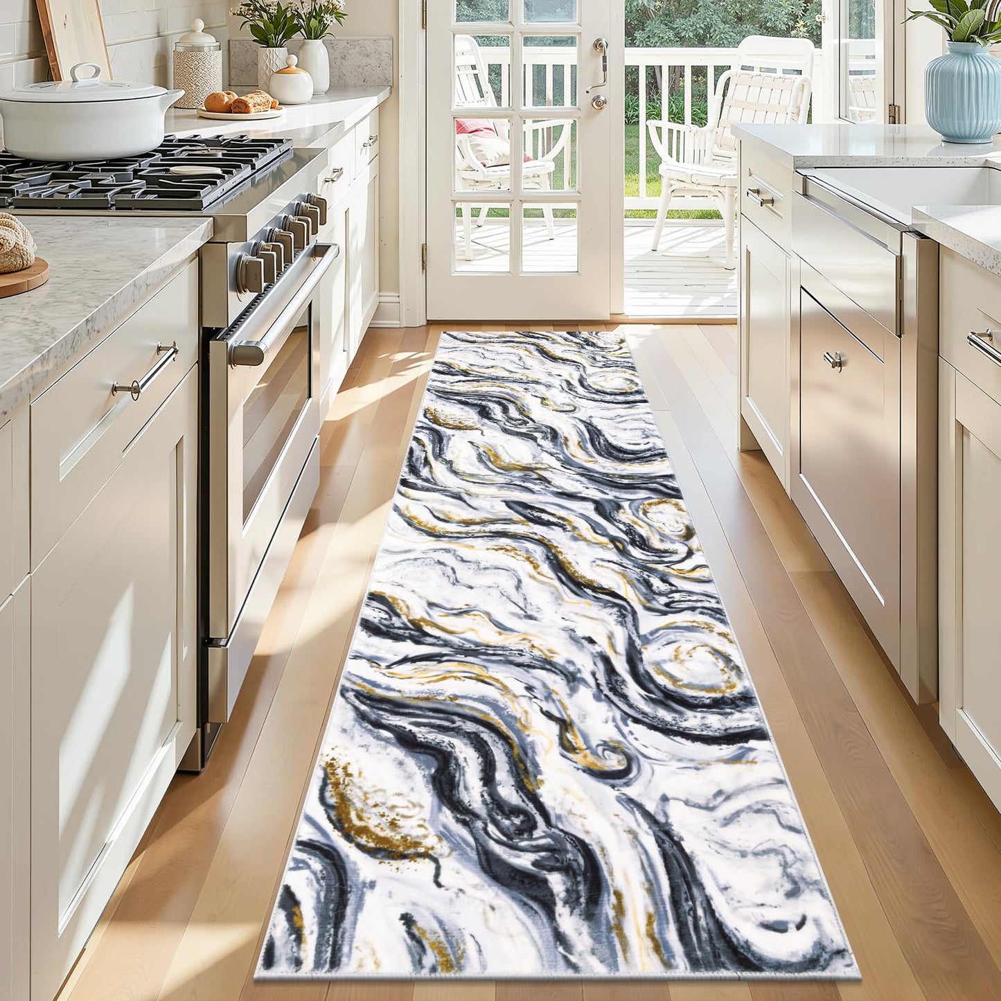Yamaziot 2x8 Washable Runner Rug for Kitchen Hallways, Modern Abstract Non-Slip Rug with Rubber Backing, Stain Resistant & Low Pile Carpet Runner for Bedroom, Laundry, Entrance,Black