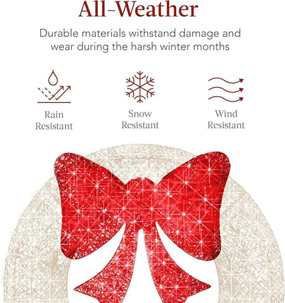 Best Choice Products 48in Pre-Lit Outdoor Christmas Wreath Decoration, LED Metal Holiday Decor for Home w/ 140 Lights, Bow - White/Red