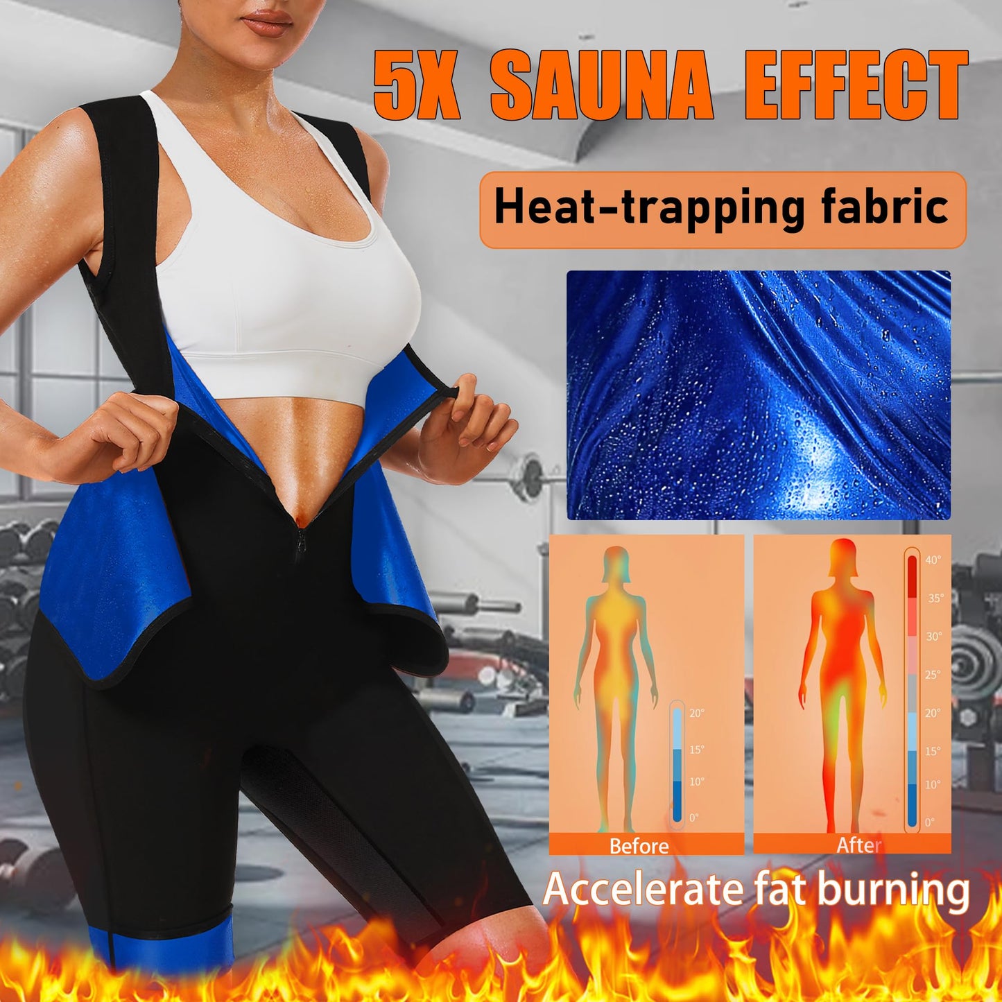 LMCOB Sauna Suits for Women Full Body Sauna Waist Trainer Vest Workout Sweat Suits Sauna Jumpsuits Slimming Body Shaper With Zipper(LYBH70016-01-S)