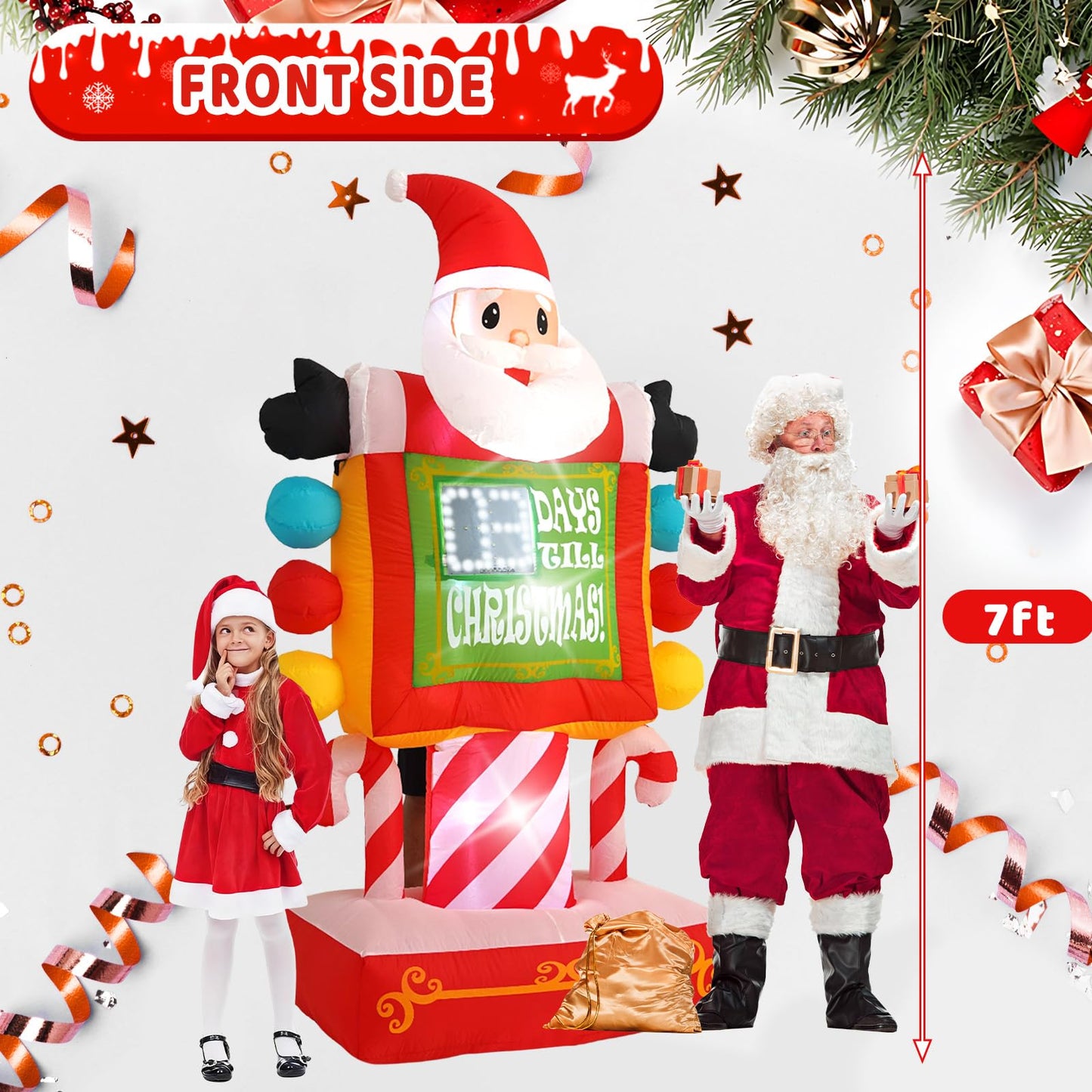 HZGDEJTG 7FT Santa Claus Countdown Sign with Built-in LED Lights, Suitable for Christmas Lawns, Gardens, and Courtyards Outdoor Inflatable Decorations