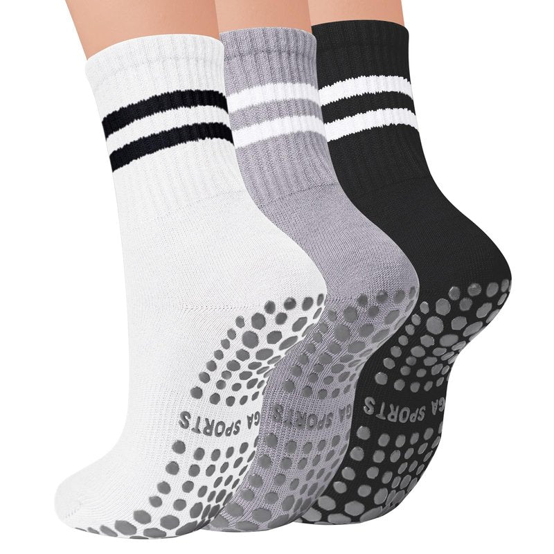 Mancreda Pilates Socks for Women with Non-Slip Grips 84% Cotton Yoga Socks for Barre, Hospital & Barefoot - One Size Fits Most (3 Pairs,JD)