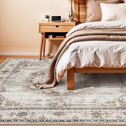 Washable Living Room Area Rug：8x10 Bedroom Rugs - Farmhouse Distressed Printed Floral Carpet - Foldable Non-Shedding Floor Carpet for Dining Room 8'x10' Beige