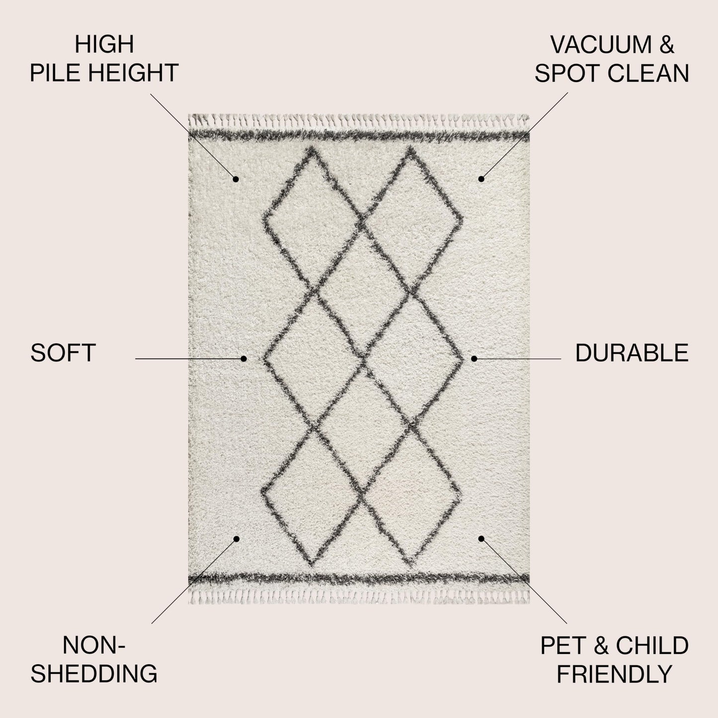 JONATHAN Y Mercer Shag Plush Tassel Cream/Gray Indoor Area Rug, 5x8, Moroccan Geometric Trellis, Bohemian, Easy-Cleaning for Living Room, Bedroom, Kitchen, Pet Friendly, Non-Shedding (MCR103B-5)