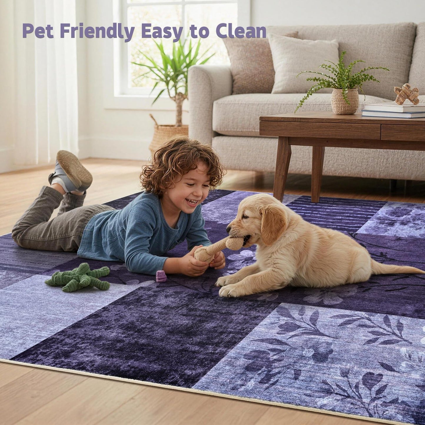 DweIke Area Rugs 4'x6' Washable Purple Rug for Living Room, Non-Slip Modern Geometric Patchwork Stain Resistant Indoor Throw Carpet for Bedroom Dining Room Farmhouse Office Decor