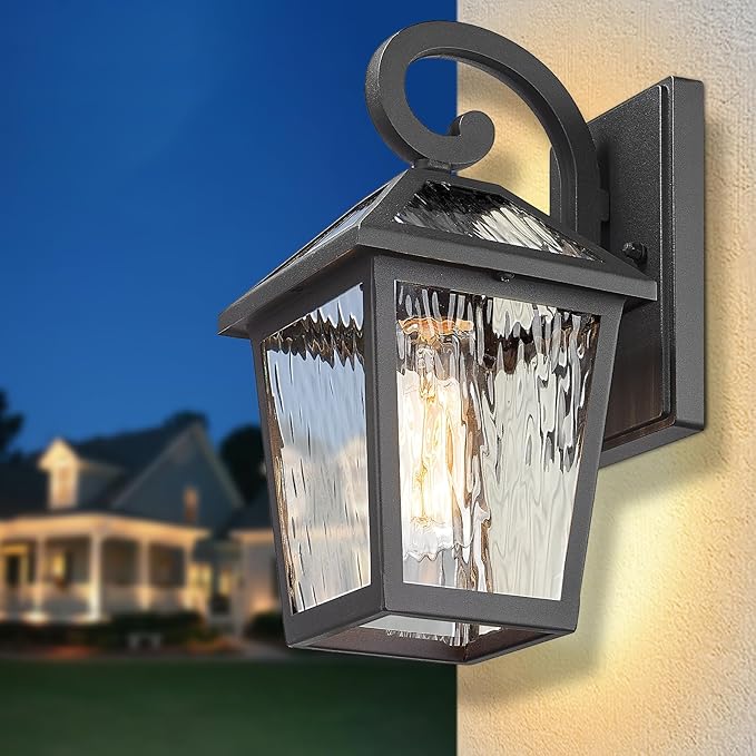 Outdoor Lights Fixtures Wall Mount, Outdoor Wall Lantern with Water Ripple Glass, Waterproof Outside Exterior Wall Sconce Lights Fixture for House, Front Porch, Patio, Matte Black