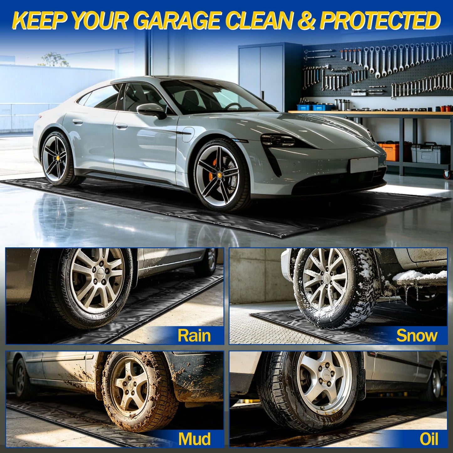 Bamgoten (8'6"× 20'）Garage Mats for Floor,1.2-Inch PVC Raised Edges for Cars SUVs Trucks for Residential Garages, Parking Lots, Warehouses and Repair Shops, Includes Gloves, Scraper, and Velcro Straps