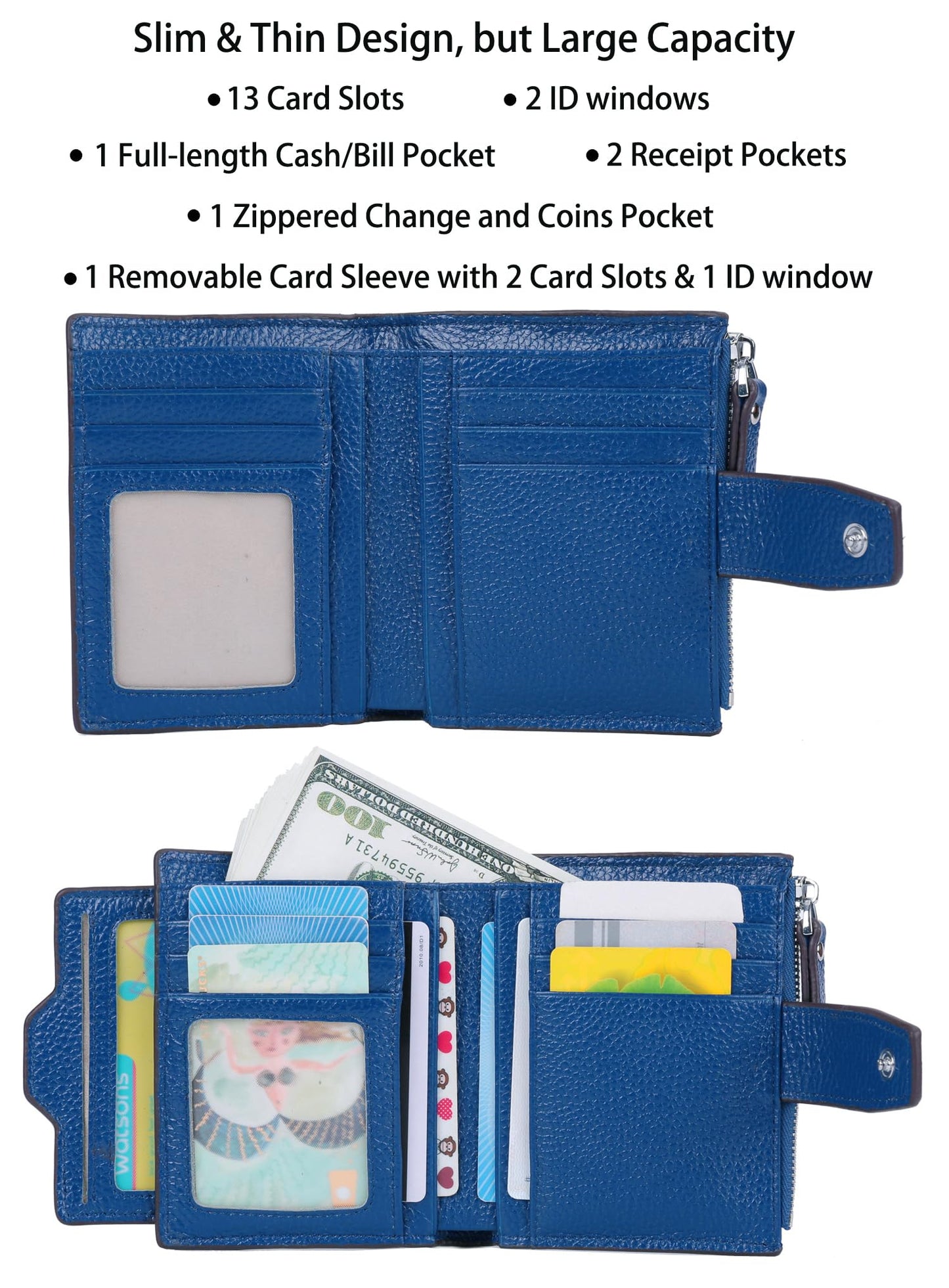 AINIMOER Women's RFID Blocking Leather Bi-fold Wallet, Lichee Blue