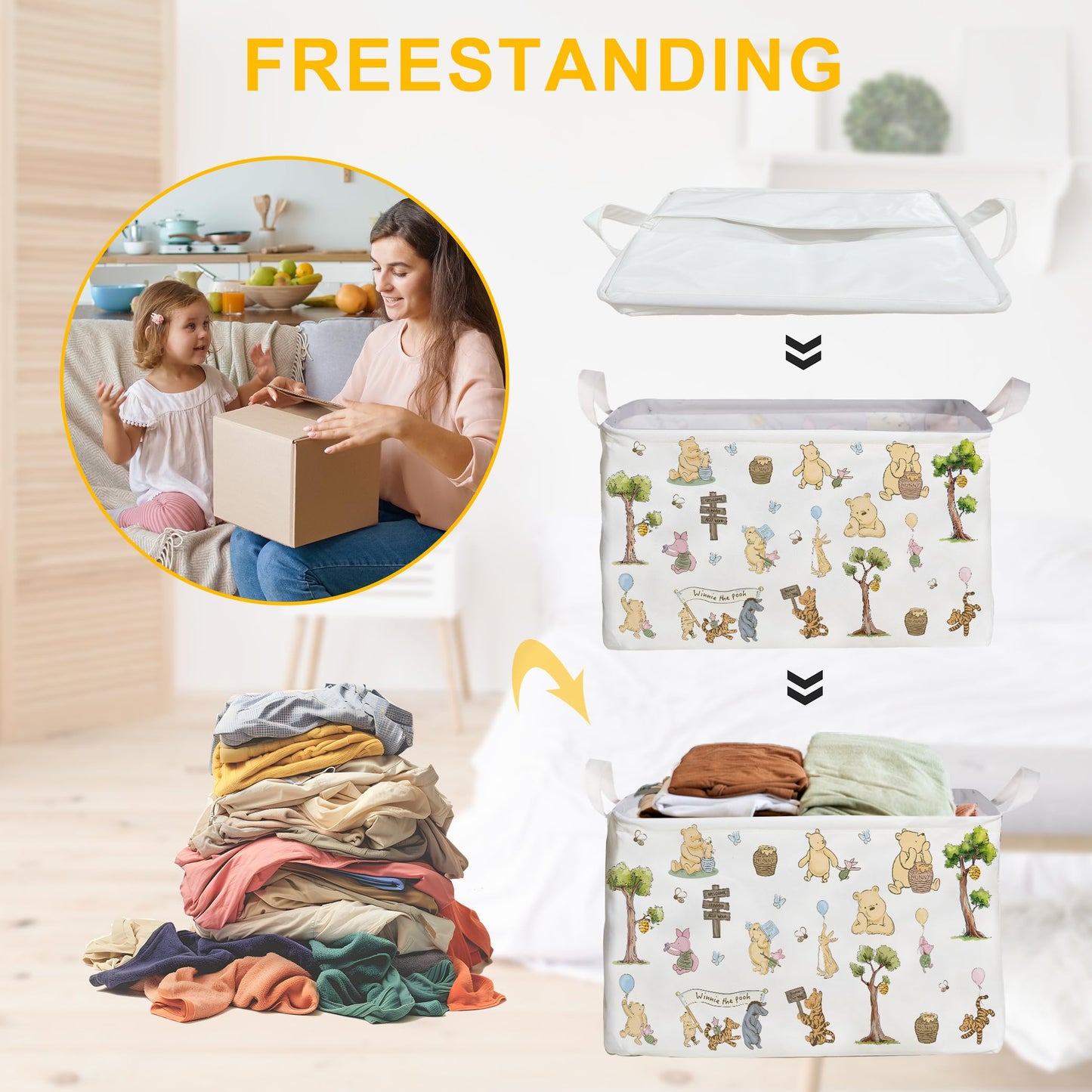 ZsaTuiy Winnie Storage Nursery Basket,Large squarecanvas Laundry Hamper WithWinnie baby Stuff A Waterproof PECoating, Foldable, Bathroom and Bedroom SetClothes ,Toys Bin, Baby Nursery HamperDecor