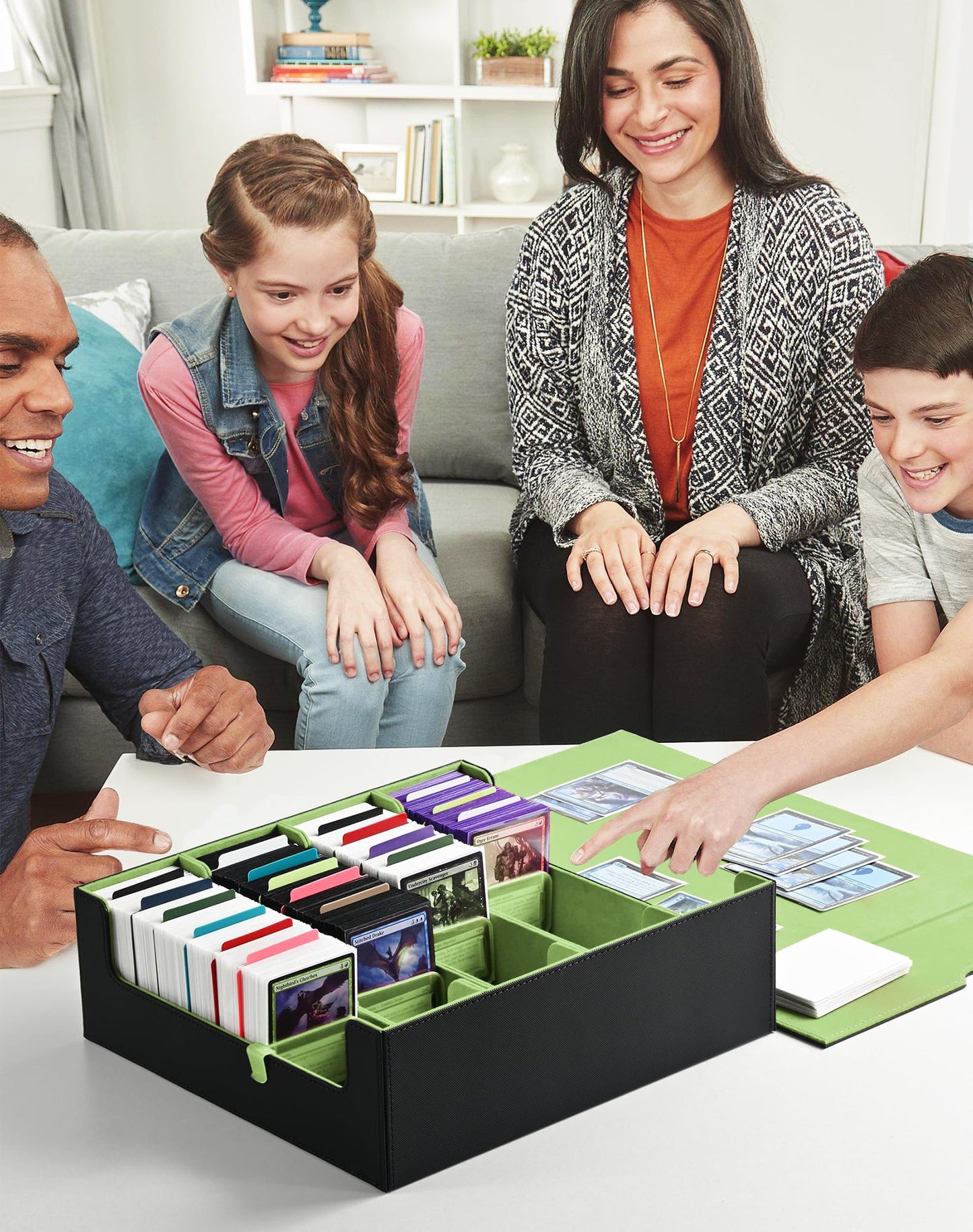 ZLCA Card Storage Box for MTG PTCG, Commander Deck Box Holds 3200+ Cards, Trading Card Storage Case with 4 Stoppers, Card Organizer for TCG Sport Cards(Black&Green)