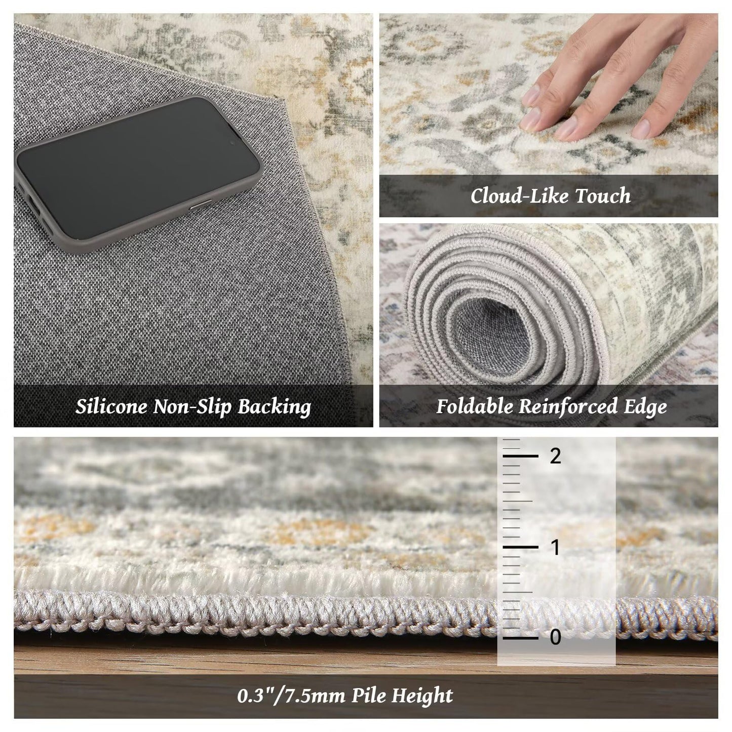 Hedwior Boho Washable 5x7 Area Rugs for Living Room, Cushioned, Beige/Grey